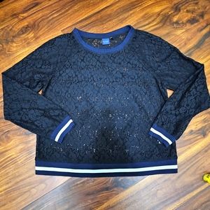 Kaari Blue Womens Sz XS Lace Blue Black Top Floral Lace Pullover